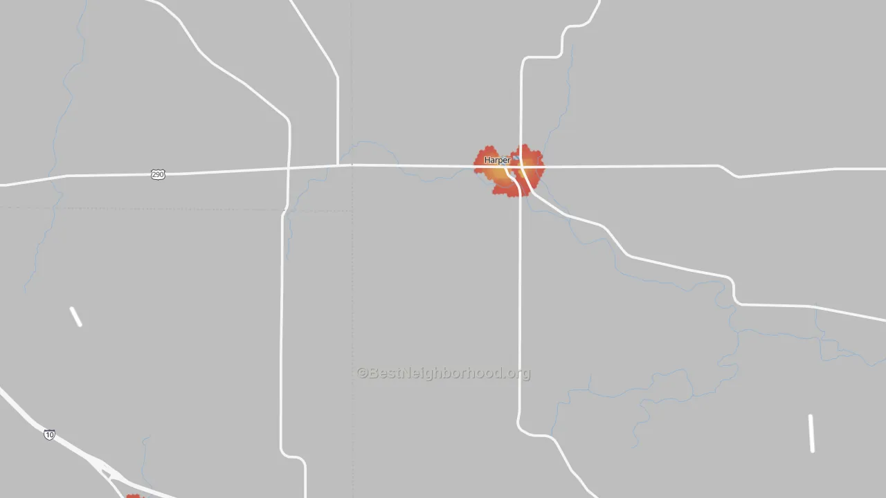 Walk Grade map of Harper, TX, walkable areas in green and car-dependent areas in red