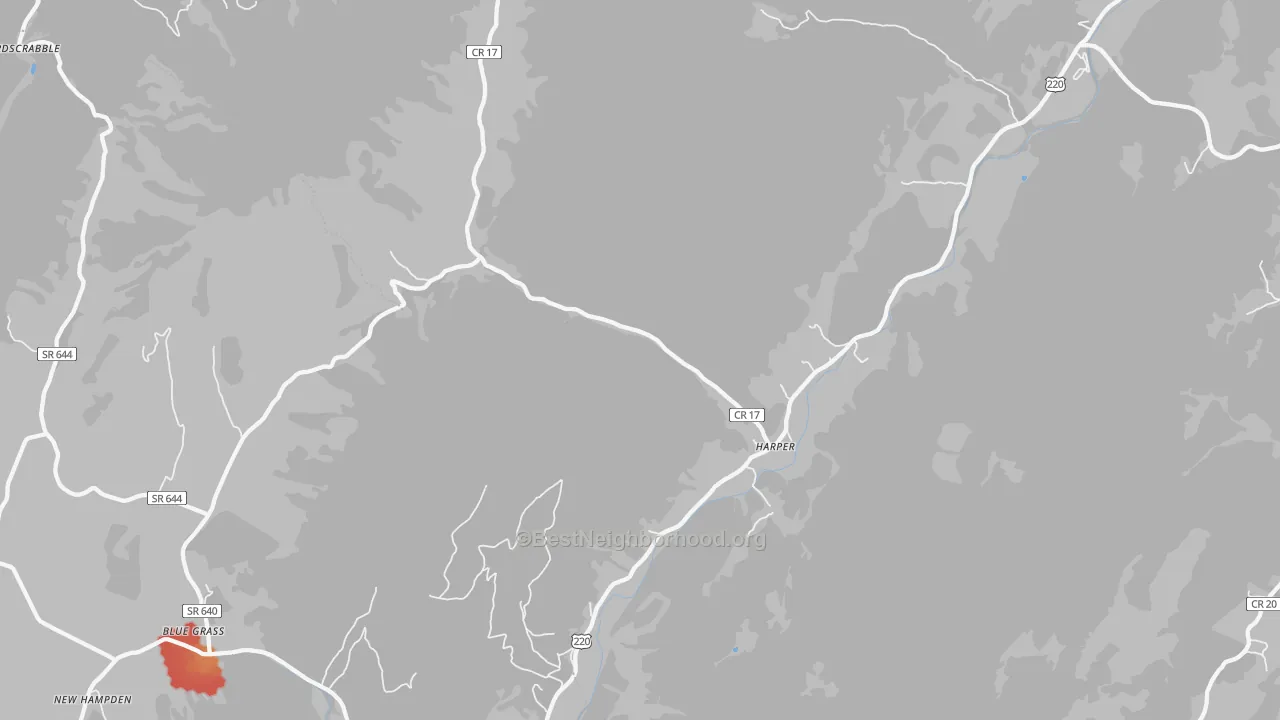 Walk Grade map of Harper, WV, walkable areas in green and car-dependent areas in red