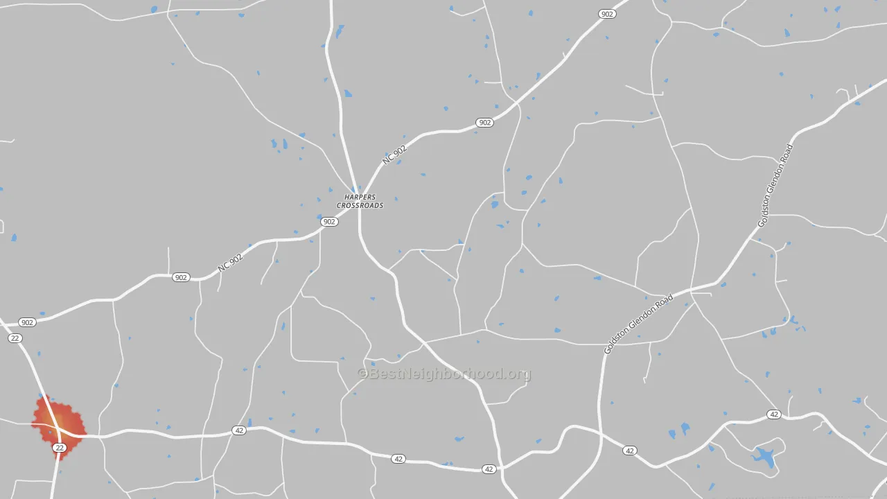 Walk Grade map of Harpers Crossroads, NC, walkable areas in green and car-dependent areas in red