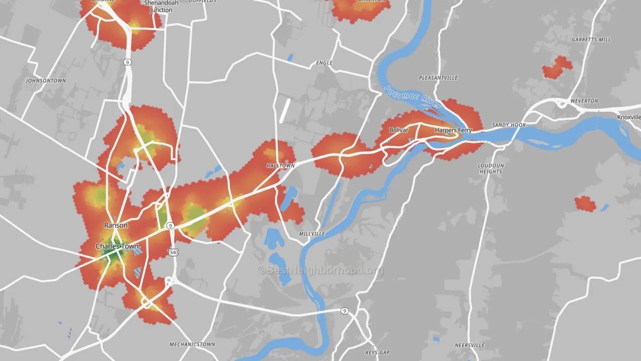 Walk Grade map of Harpers Ferry, WV, walkable areas in green and car-dependent areas in red