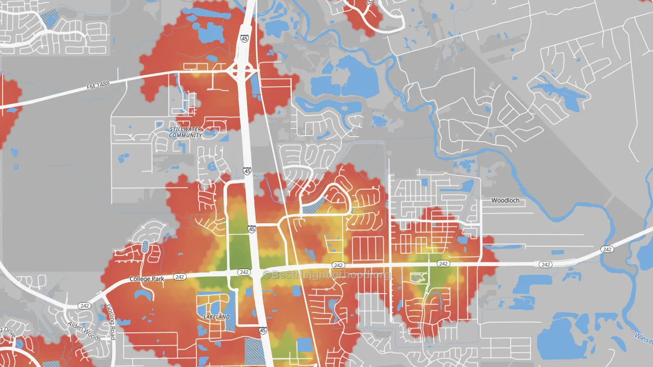 Walk Grade map of Harper's Landing, Conroe, TX, walkable areas in green and car-dependent areas in red