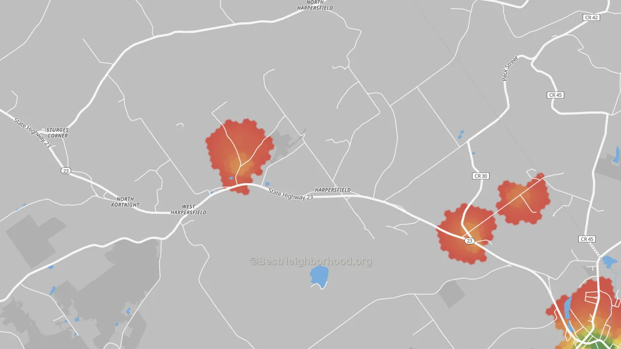 Walk Grade map of Harpersfield, NY, walkable areas in green and car-dependent areas in red
