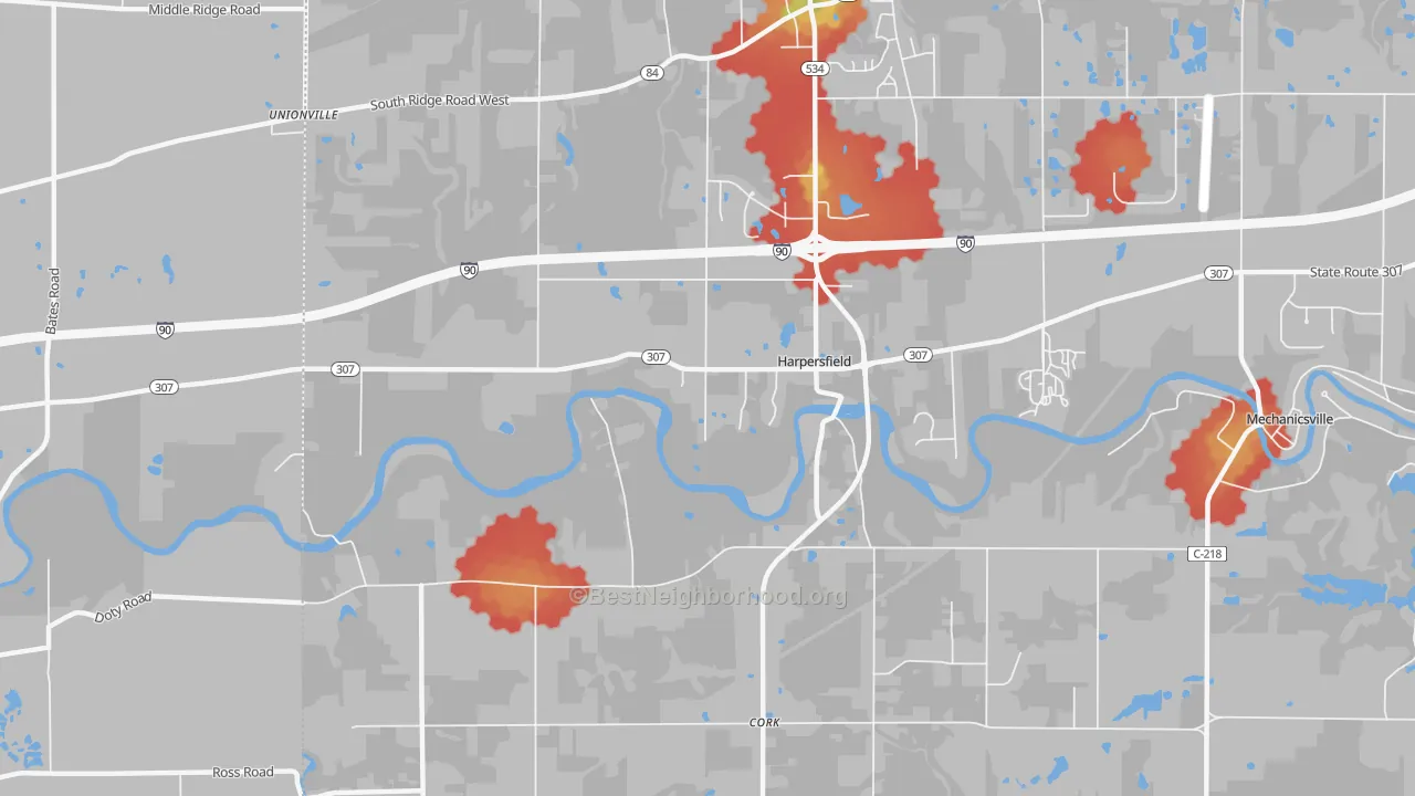 Walk Grade map of Harpersfield, OH, walkable areas in green and car-dependent areas in red