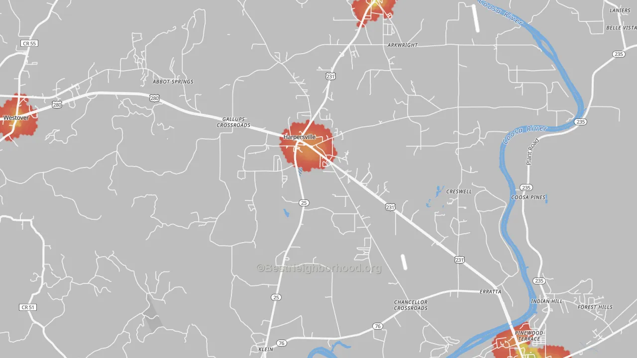 Walk Grade map of Harpersville, AL, walkable areas in green and car-dependent areas in red