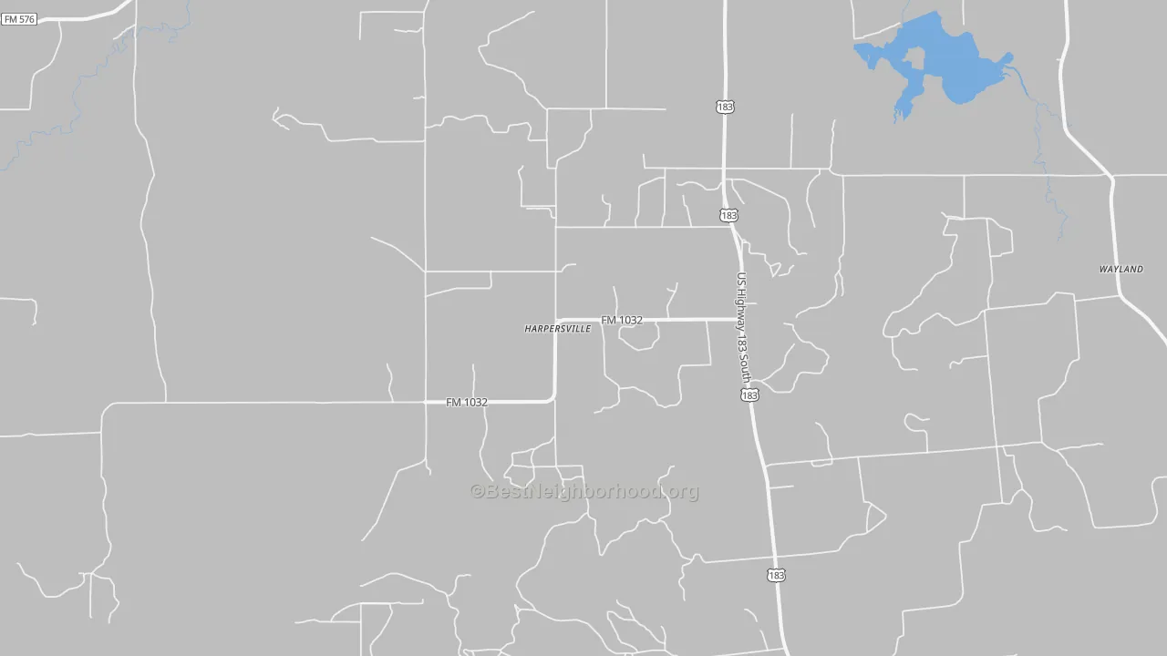 Walk Grade map of Harpersville, TX, walkable areas in green and car-dependent areas in red