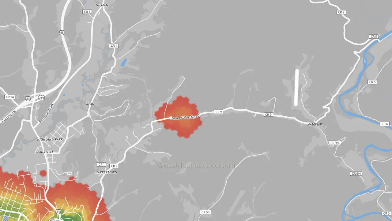 Walk Grade map of Harpertown, WV, walkable areas in green and car-dependent areas in red
