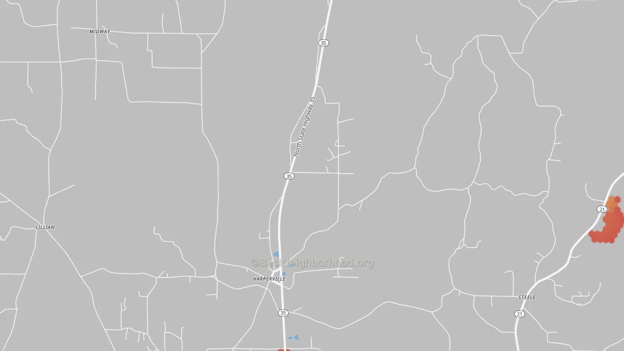 Walk Grade map of Harperville, MS, walkable areas in green and car-dependent areas in red