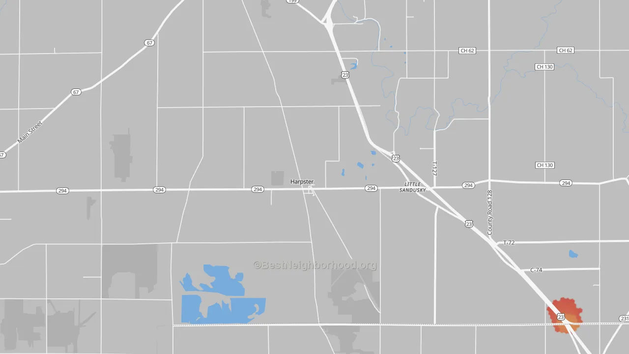 Walk Grade map of Harpster, OH, walkable areas in green and car-dependent areas in red