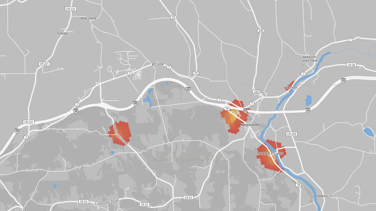 Walk Grade map of Harpursville, NY, walkable areas in green and car-dependent areas in red