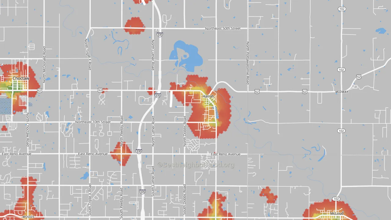 Walk Grade map of Harrah, OK, walkable areas in green and car-dependent areas in red
