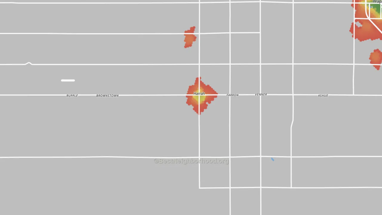Walk Grade map of Harrah, WA, walkable areas in green and car-dependent areas in red