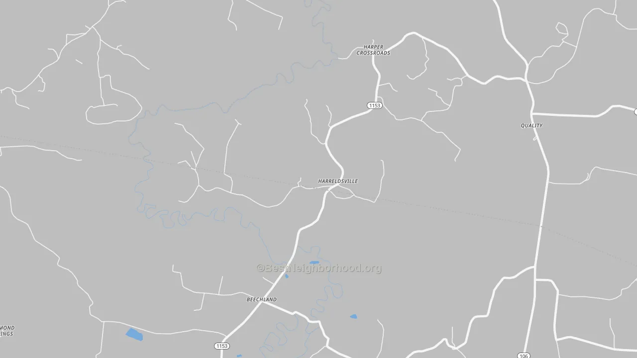 Walk Grade map of Harreldsville, KY, walkable areas in green and car-dependent areas in red