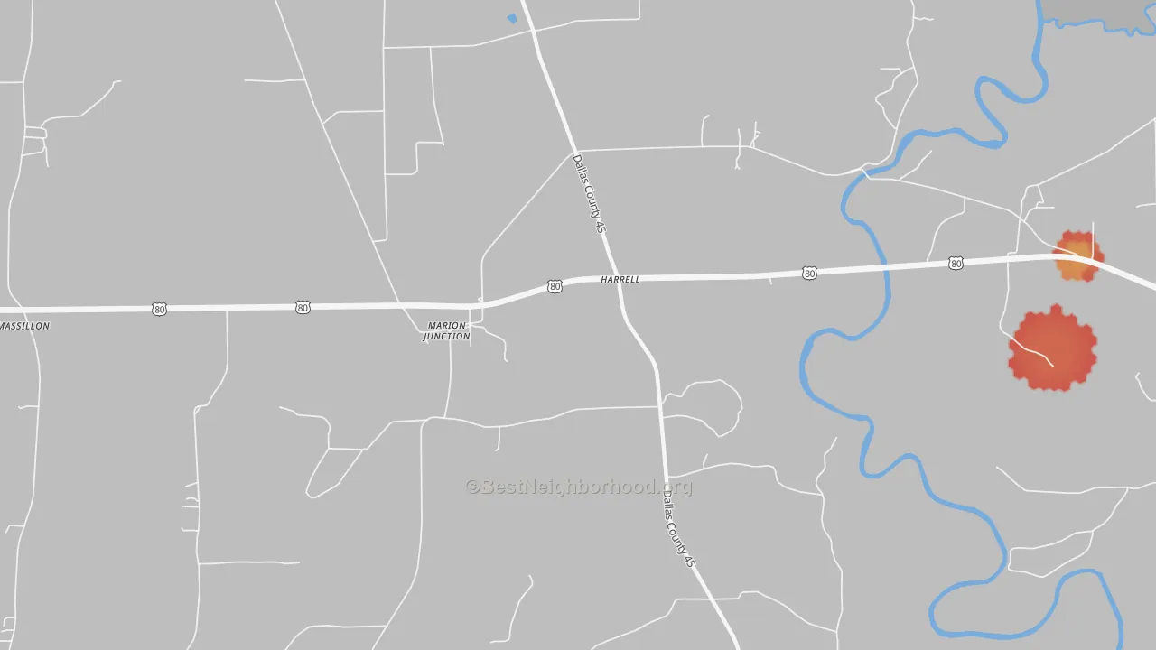 Walk Grade map of Harrell, AL, walkable areas in green and car-dependent areas in red
