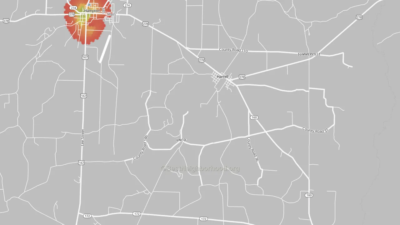 Walk Grade map of Harrell, AR, walkable areas in green and car-dependent areas in red