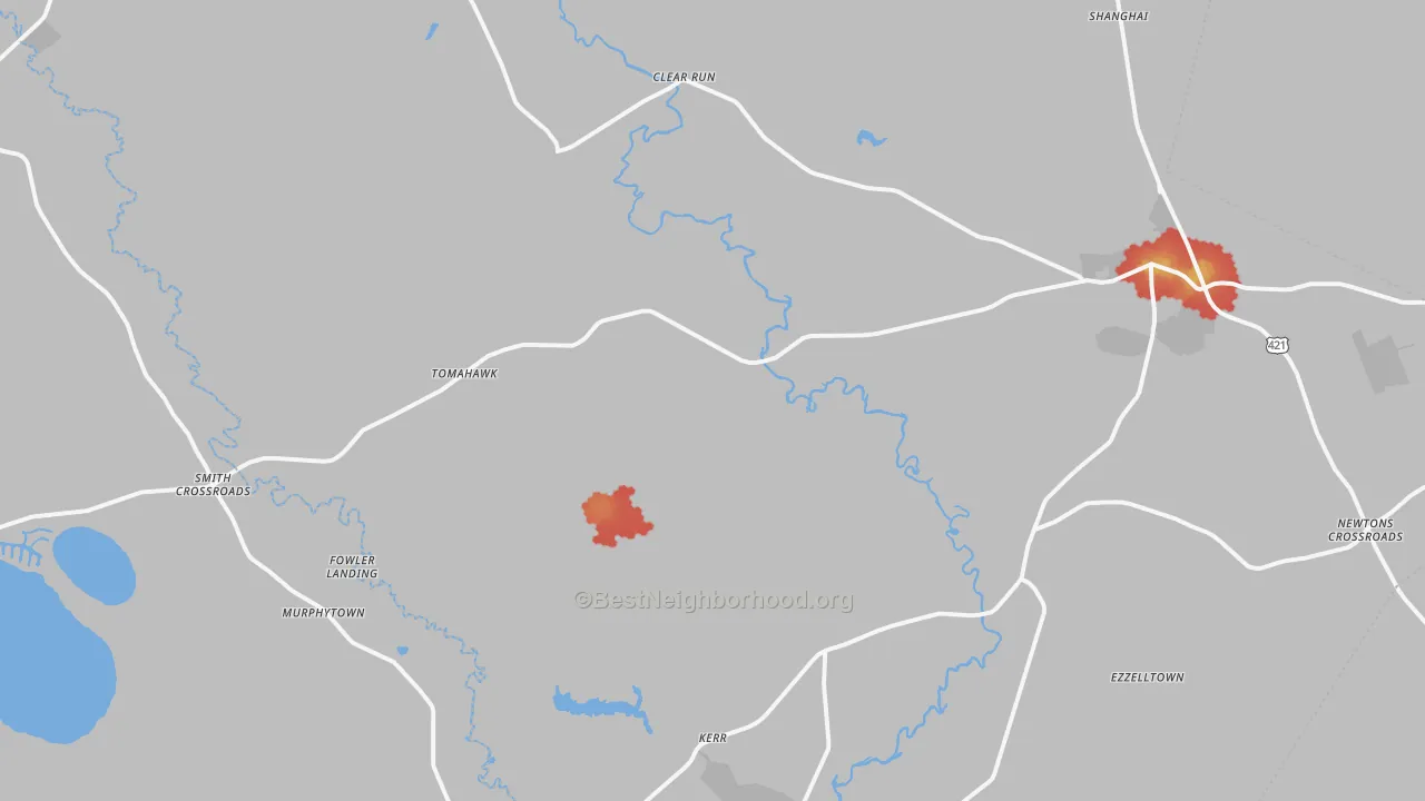 Walk Grade map of Harrells, NC, walkable areas in green and car-dependent areas in red