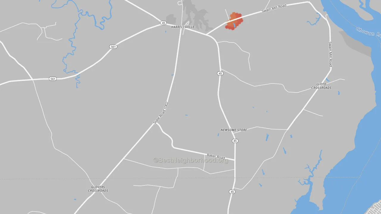 Walk Grade map of Harrellsville, NC, walkable areas in green and car-dependent areas in red