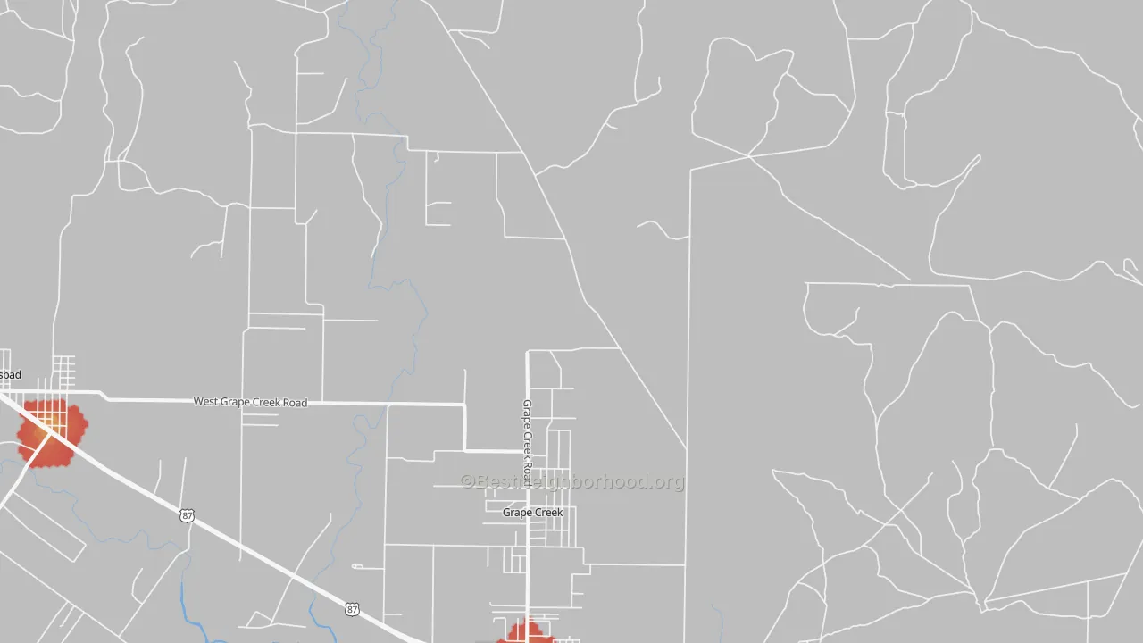 Walk Grade map of Harriet, TX, walkable areas in green and car-dependent areas in red