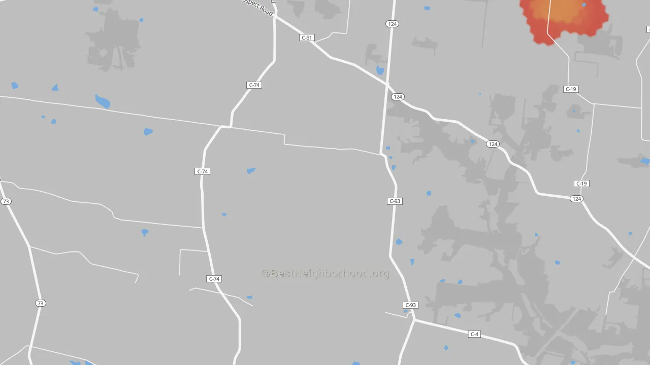 Walk Grade map of Harriett, OH, walkable areas in green and car-dependent areas in red