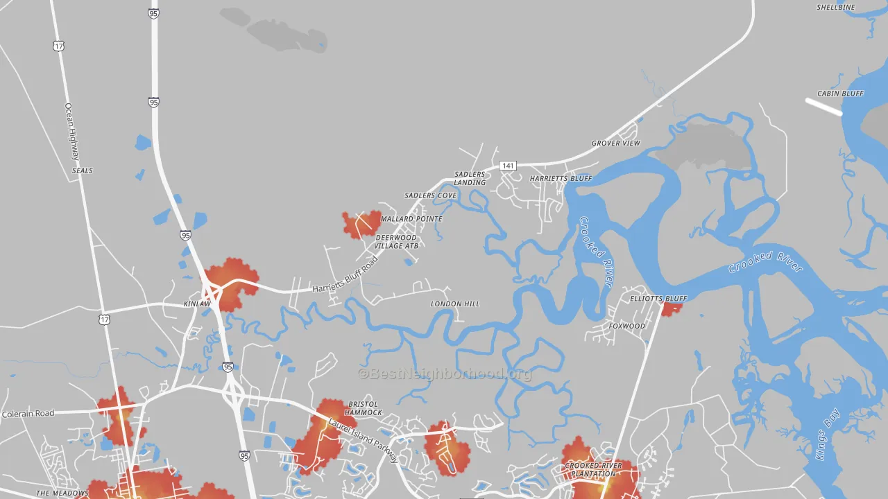 Walk Grade map of Harrietts Bluff, GA, walkable areas in green and car-dependent areas in red