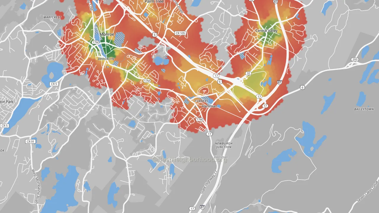 Walk Grade map of Harriman, NY, walkable areas in green and car-dependent areas in red