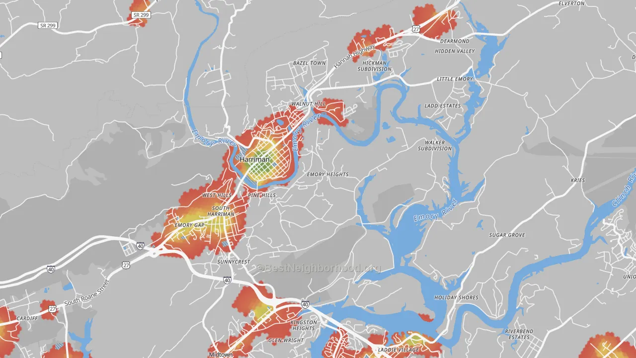 Walk Grade map of Harriman, TN, walkable areas in green and car-dependent areas in red