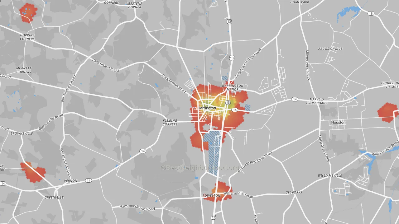 Walk Grade map of Harrington, DE, walkable areas in green and car-dependent areas in red