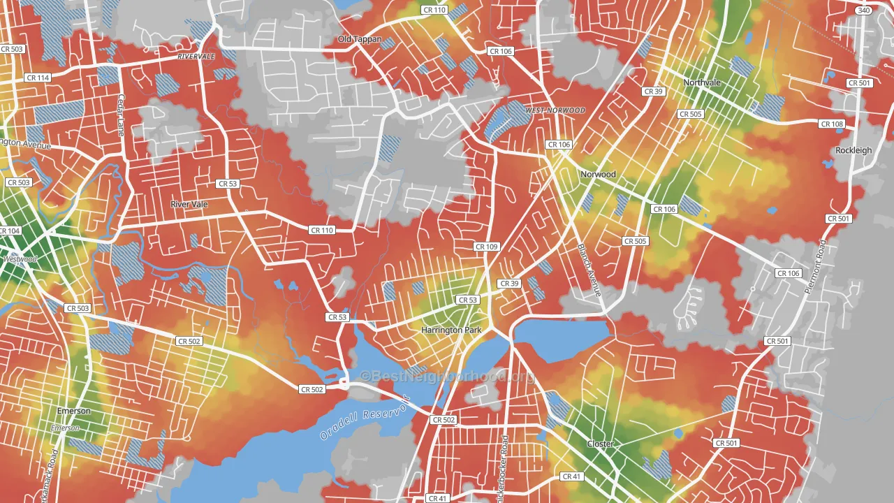 Walk Grade map of Harrington Park, NJ, walkable areas in green and car-dependent areas in red