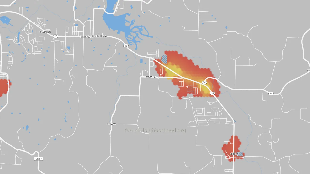 Walk Grade map of Harris, AR, walkable areas in green and car-dependent areas in red