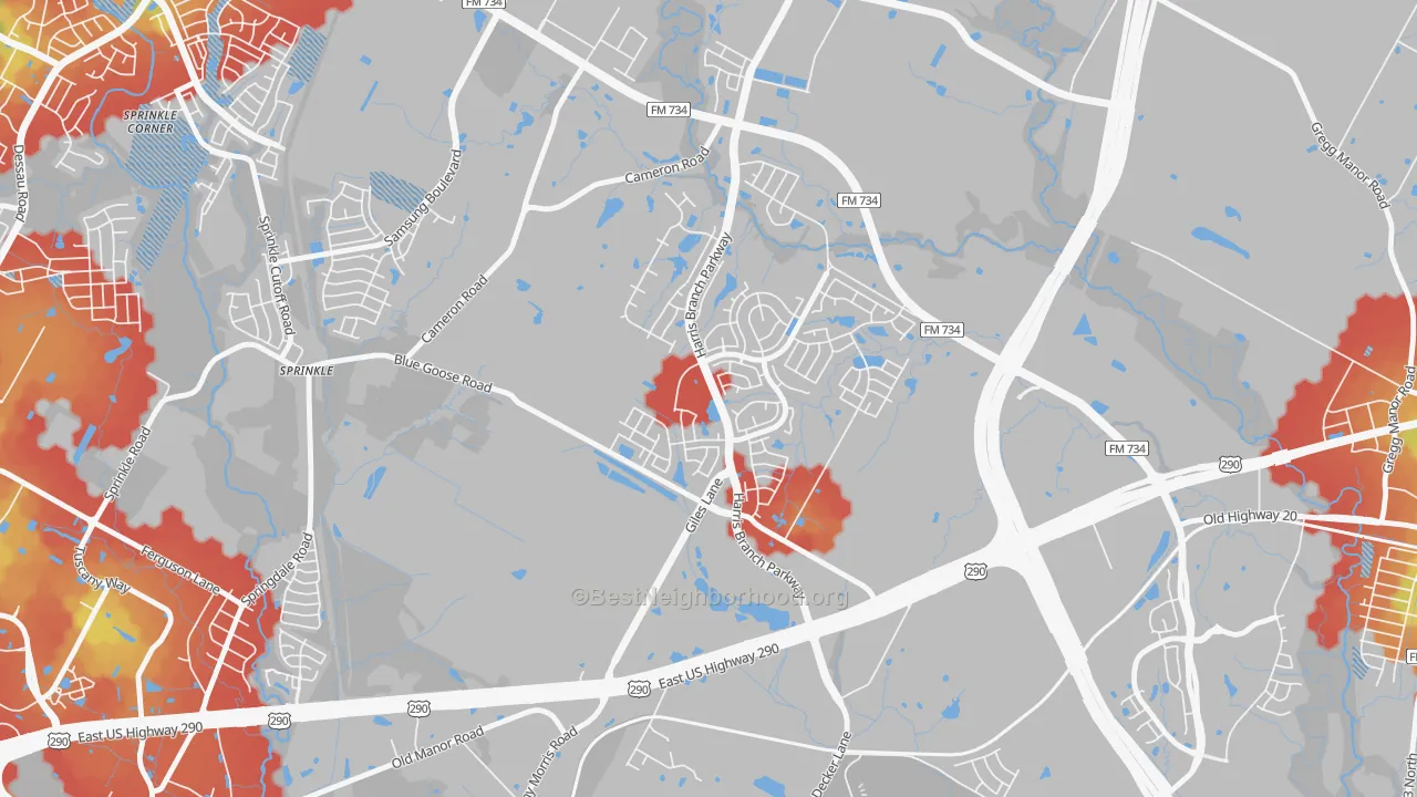 Walk Grade map of Harris Branch, Austin, TX, walkable areas in green and car-dependent areas in red
