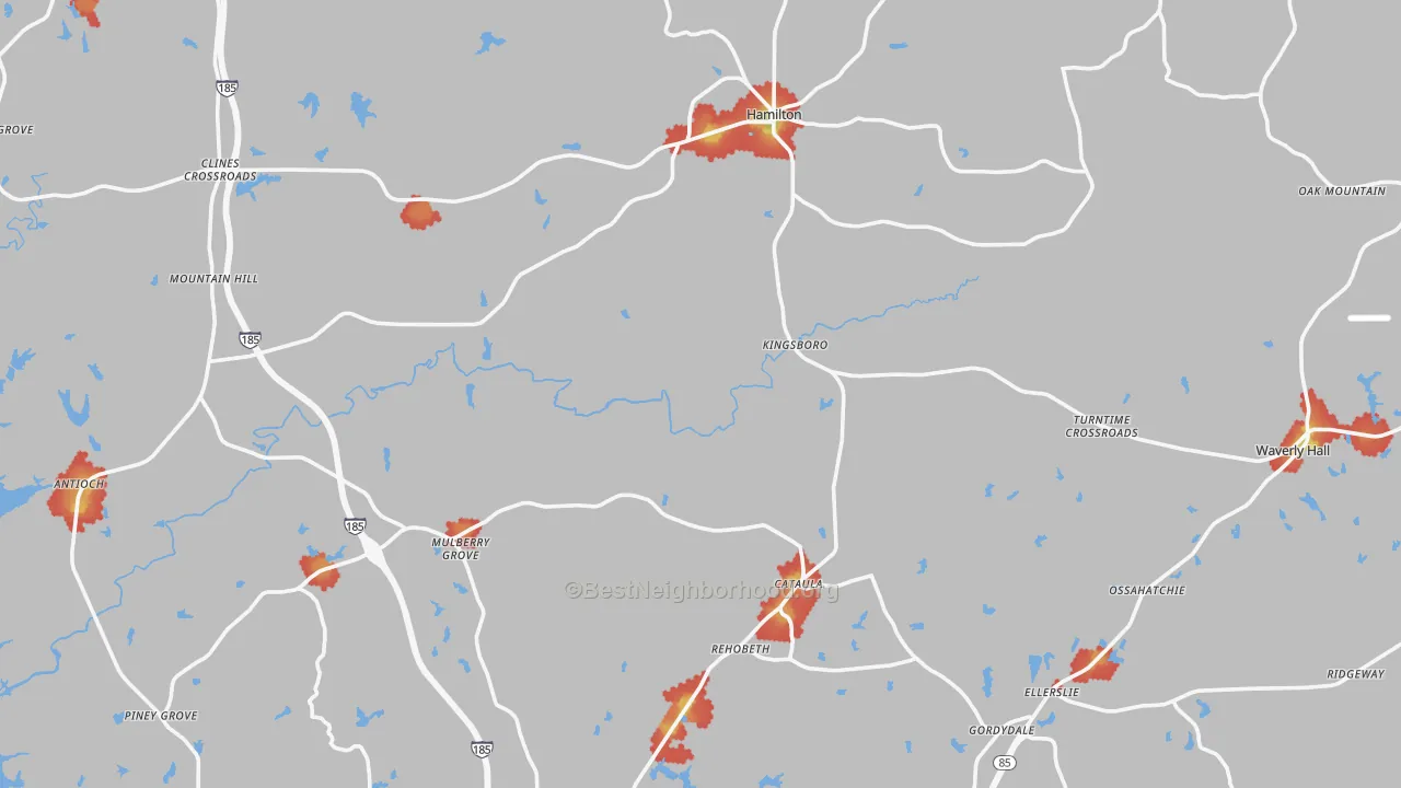 Walk Grade map of Harris County, GA, walkable areas in green and car-dependent areas in red