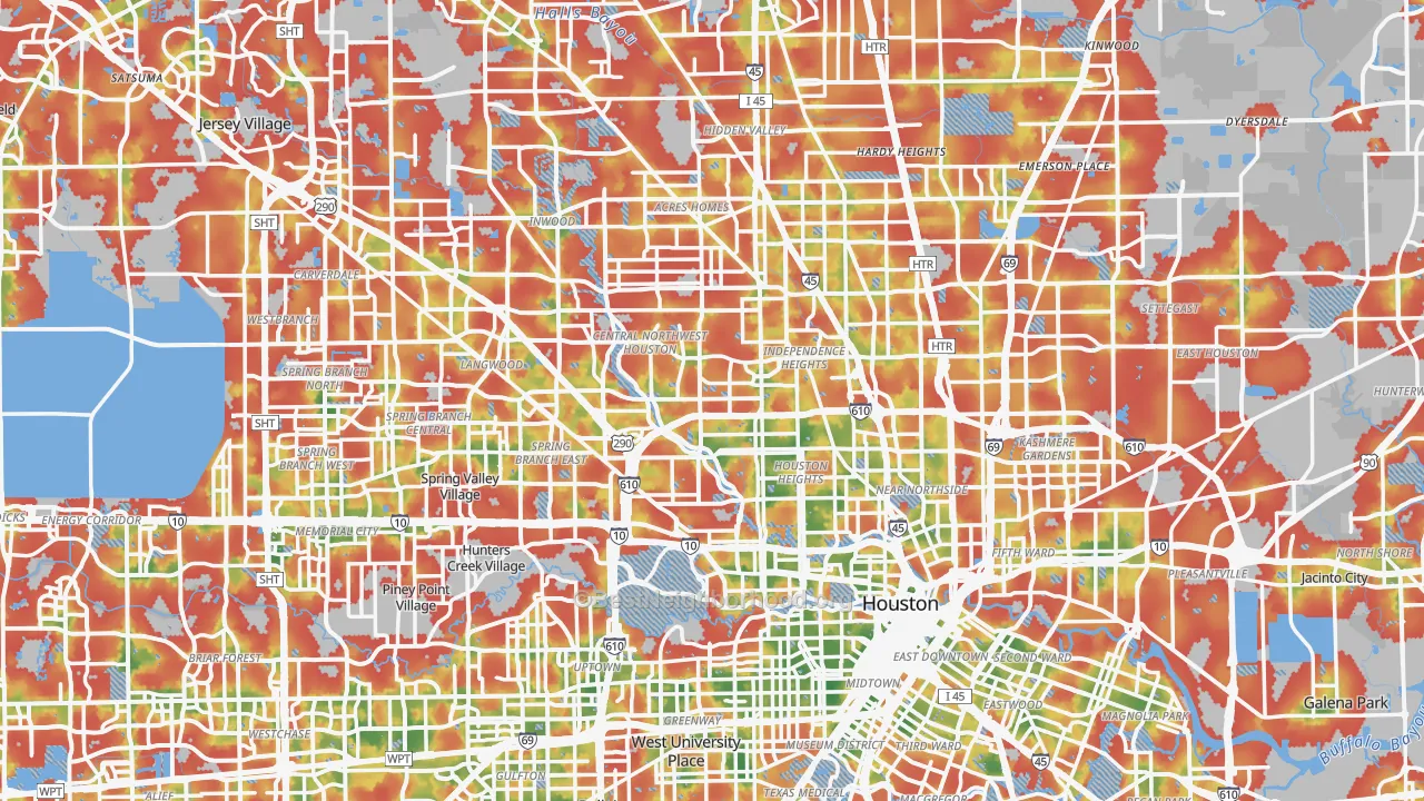 Walk Grade map of Harris County, TX, walkable areas in green and car-dependent areas in red