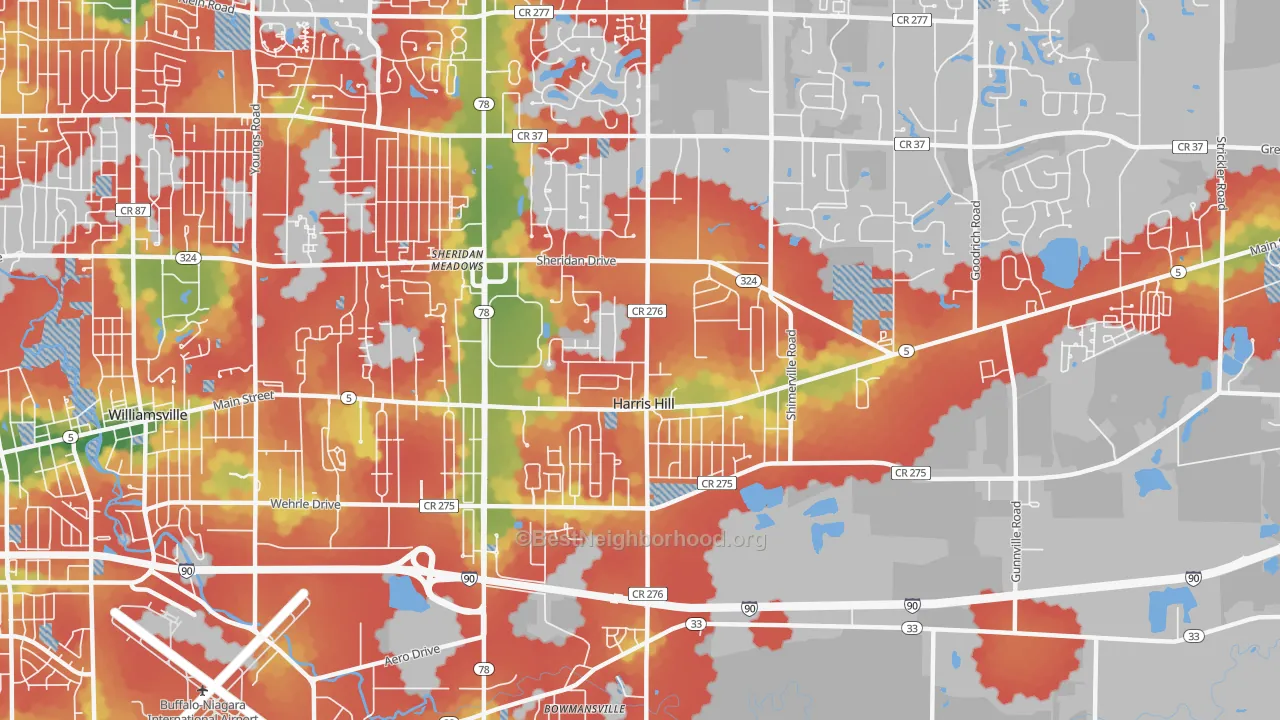 Walk Grade map of Harris Hill, NY, walkable areas in green and car-dependent areas in red