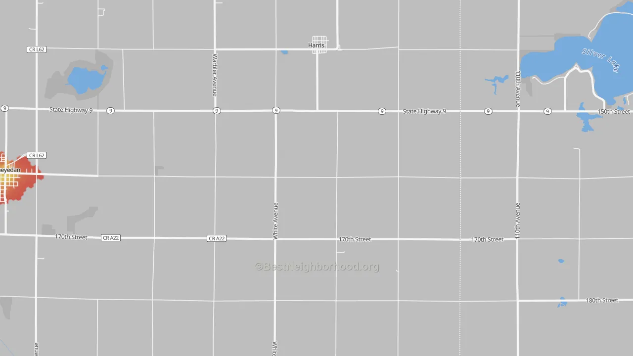 Walk Grade map of Harris, IA, walkable areas in green and car-dependent areas in red