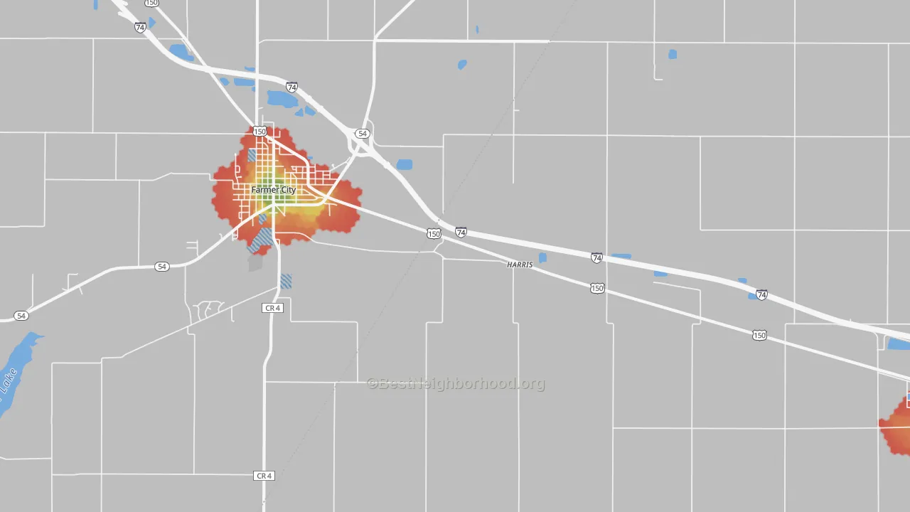 Walk Grade map of Harris, IL, walkable areas in green and car-dependent areas in red