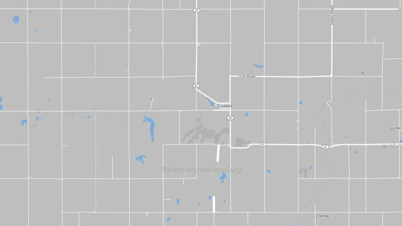 Walk Grade map of Harris, KS, walkable areas in green and car-dependent areas in red