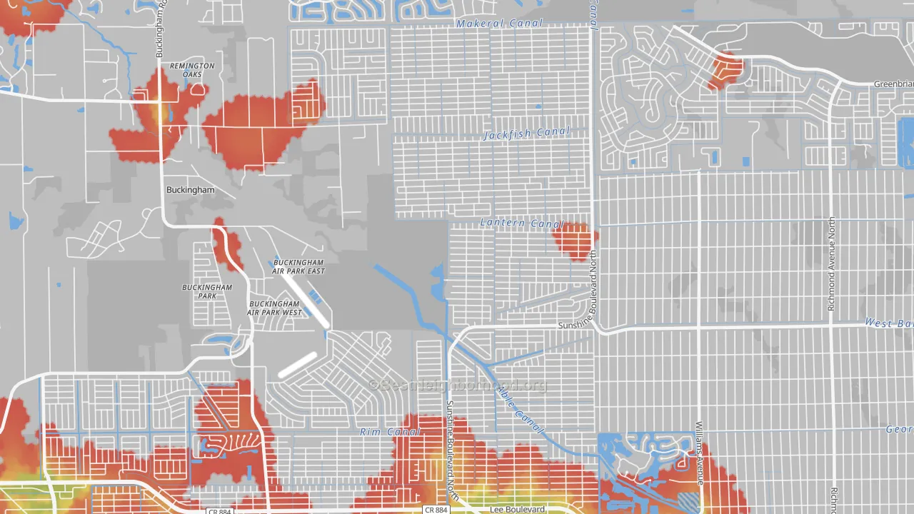 Walk Grade map of Harris, Lehigh Acres, FL, walkable areas in green and car-dependent areas in red