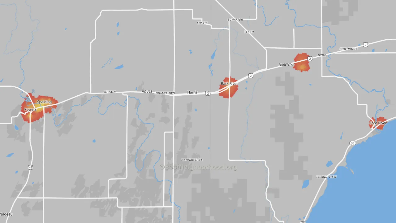 Walk Grade map of Harris, MI, walkable areas in green and car-dependent areas in red