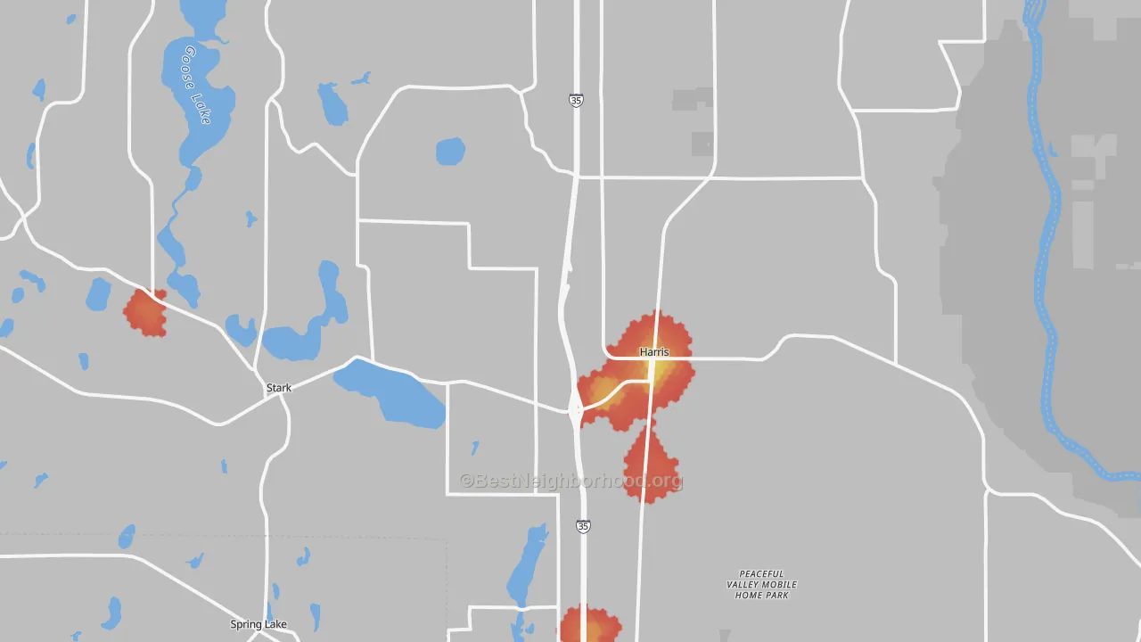 Walk Grade map of Harris, MN, walkable areas in green and car-dependent areas in red