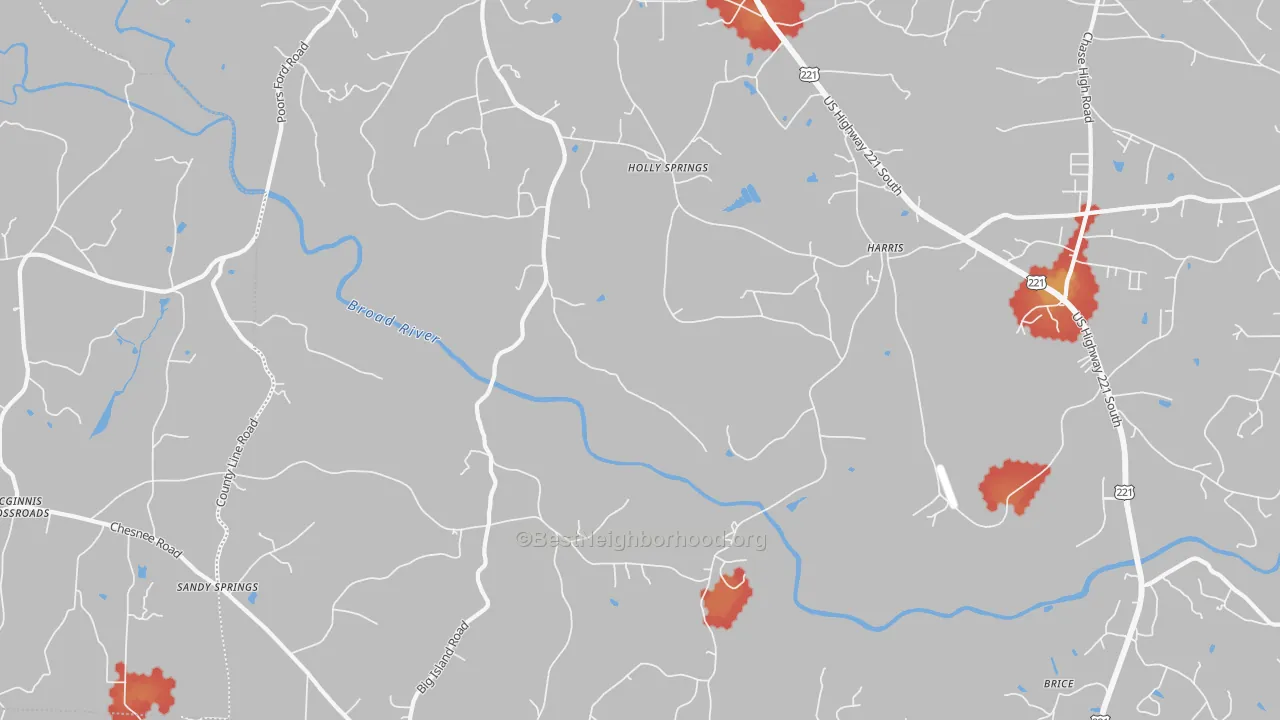 Walk Grade map of Harris, NC, walkable areas in green and car-dependent areas in red