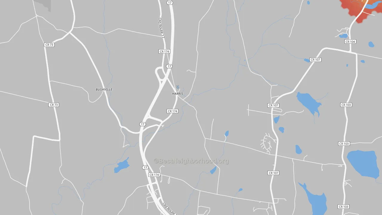 Walk Grade map of Harris, NY, walkable areas in green and car-dependent areas in red