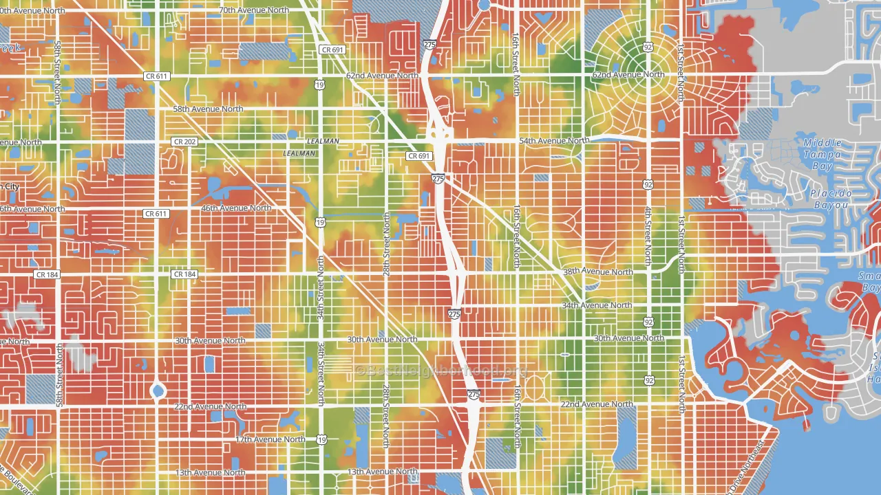 Walk Grade map of Harris Park, St. Petersburg, FL, walkable areas in green and car-dependent areas in red