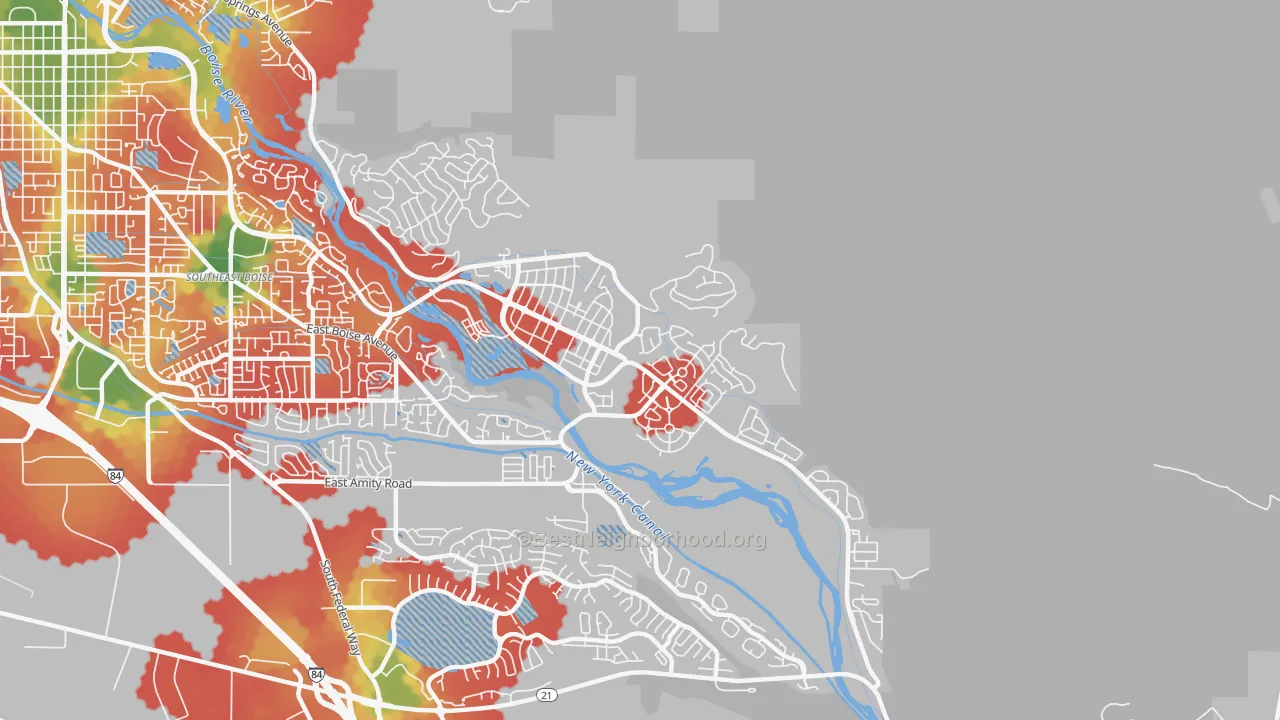 Walk Grade map of Harris Ranch, Boise, ID, walkable areas in green and car-dependent areas in red