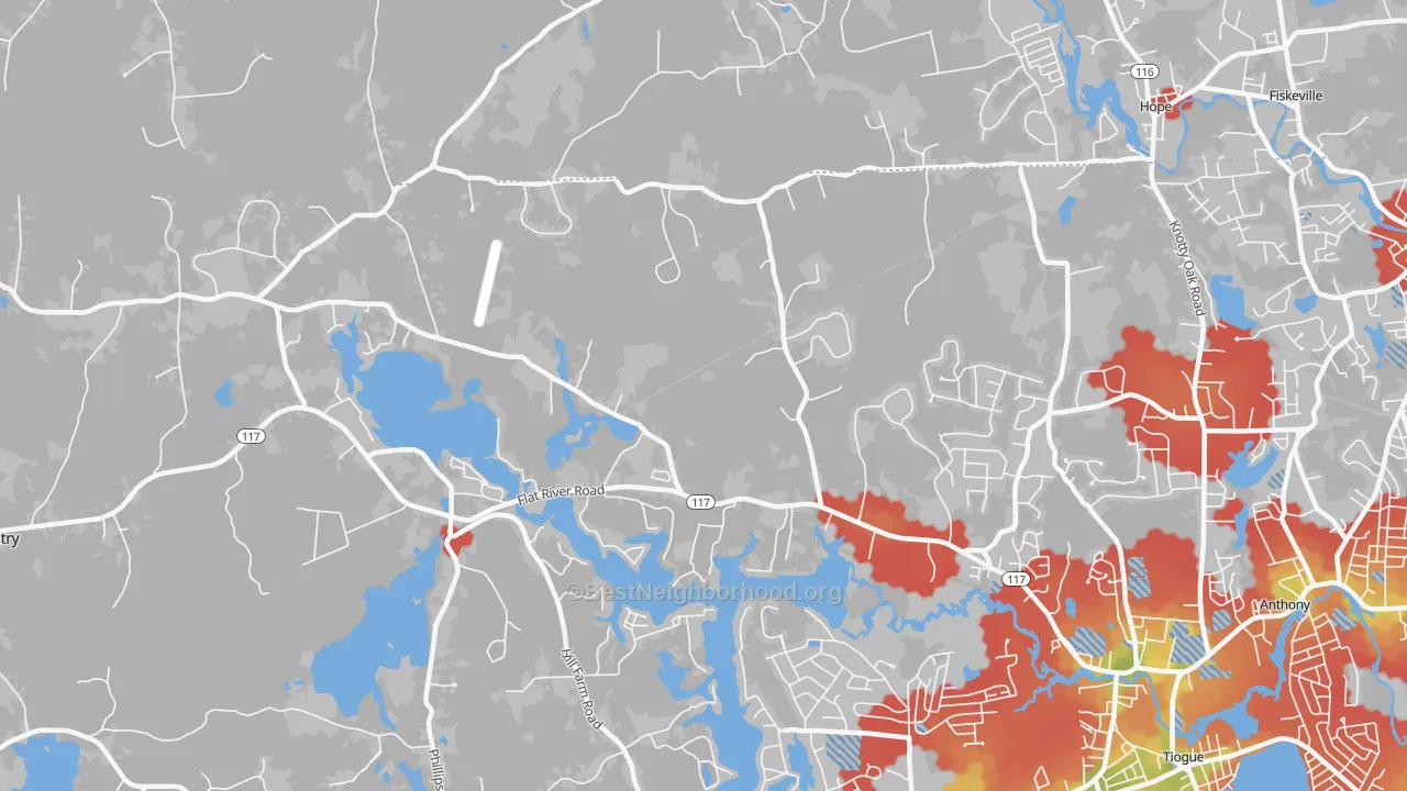 Walk Grade map of Harris, RI, walkable areas in green and car-dependent areas in red
