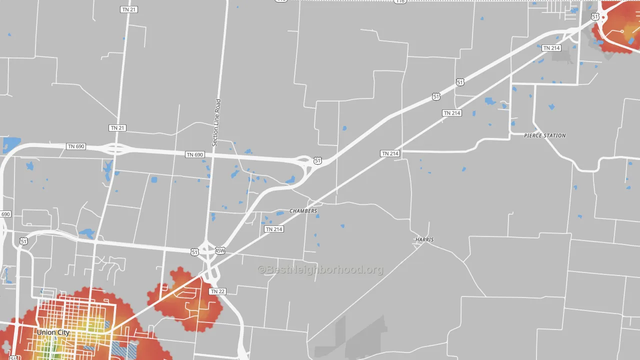 Walk Grade map of Harris, TN, walkable areas in green and car-dependent areas in red