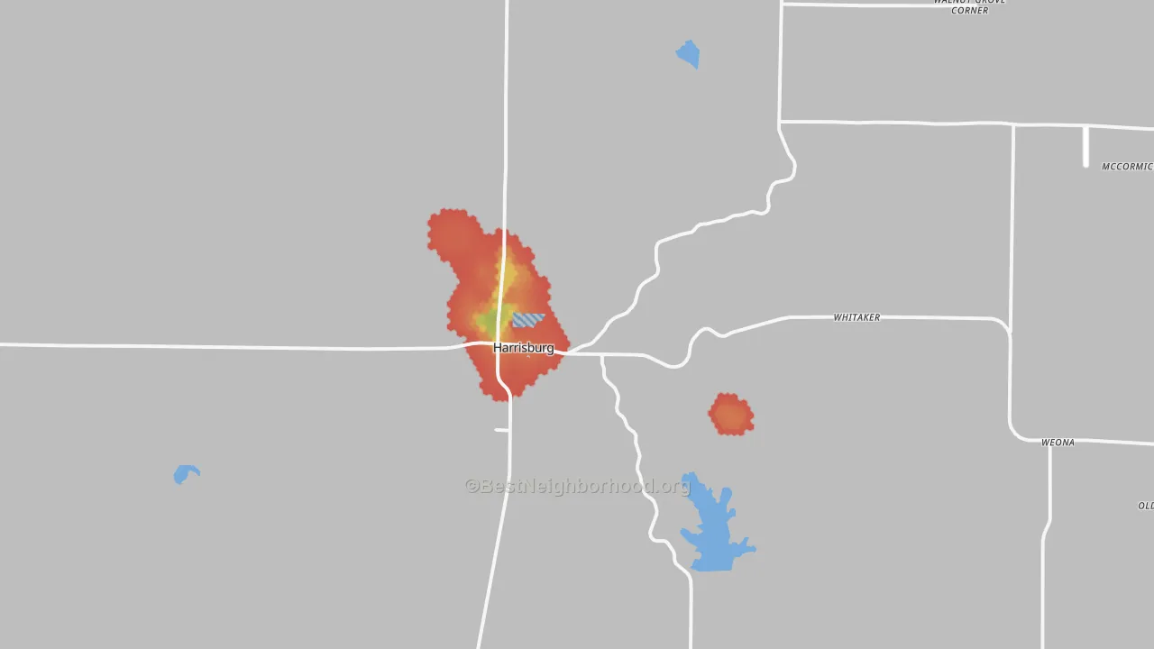 Walk Grade map of Harrisburg, AR, walkable areas in green and car-dependent areas in red