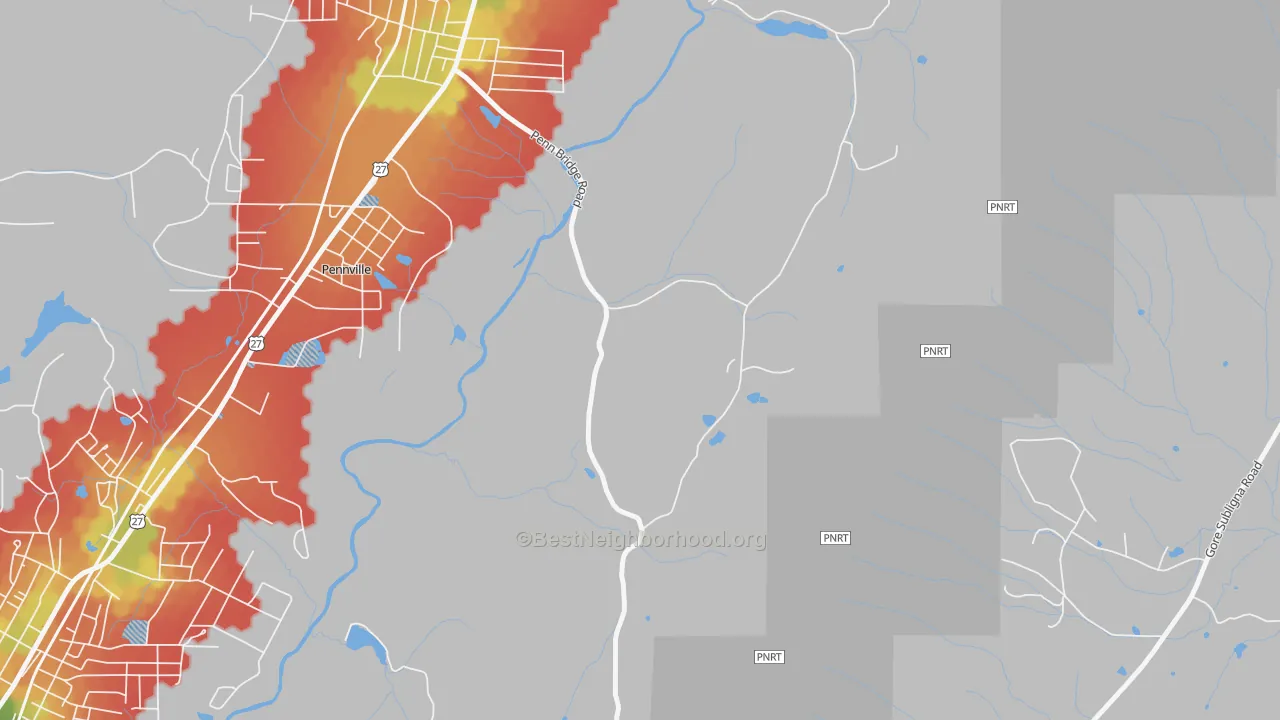 Walk Grade map of Harrisburg, GA, walkable areas in green and car-dependent areas in red