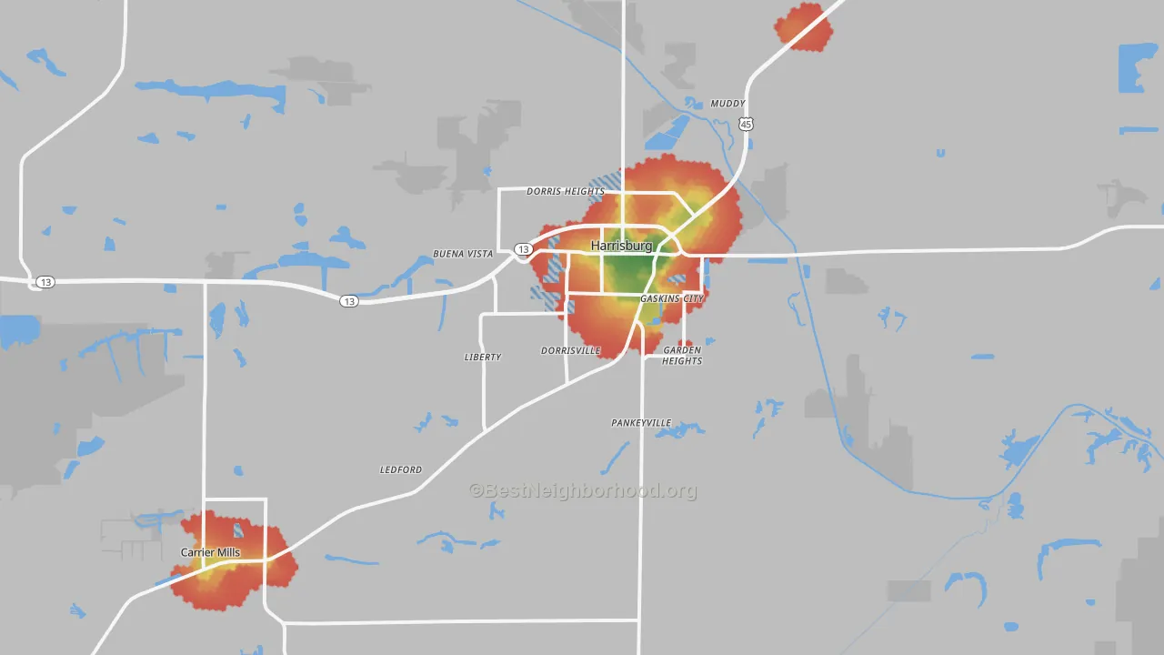 Walk Grade map of Harrisburg, IL, walkable areas in green and car-dependent areas in red