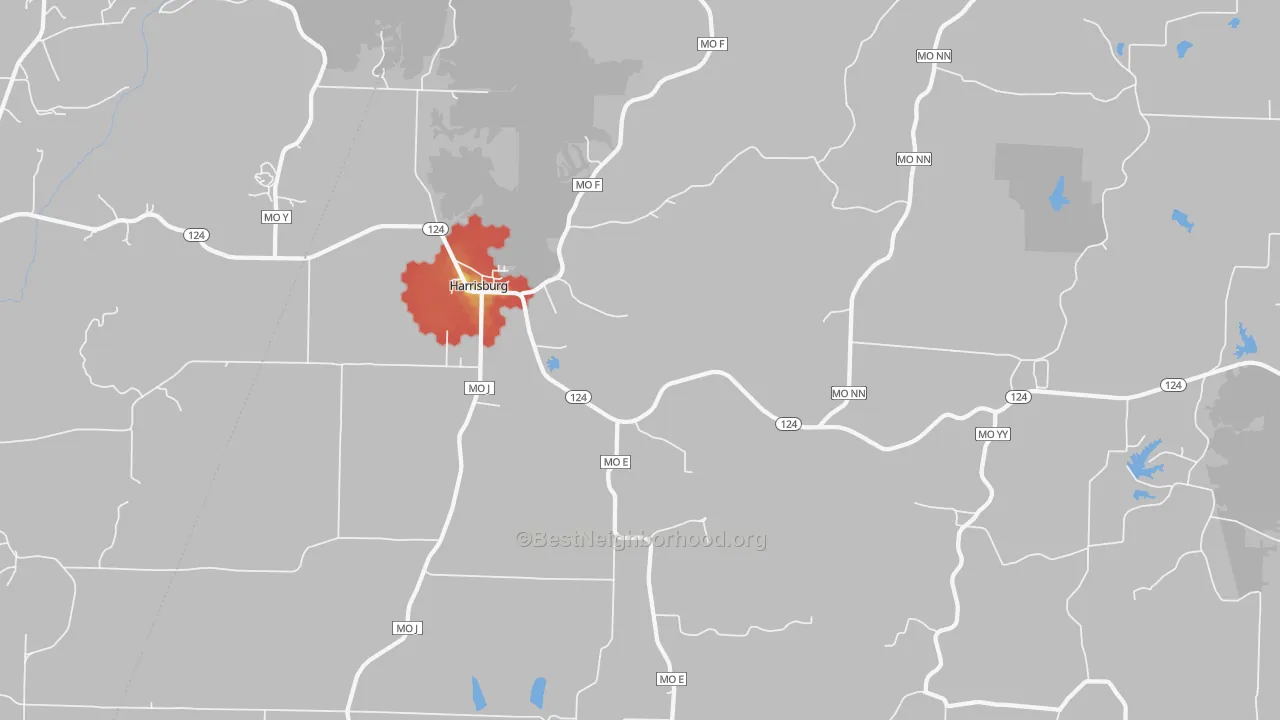 Walk Grade map of Harrisburg, MO, walkable areas in green and car-dependent areas in red