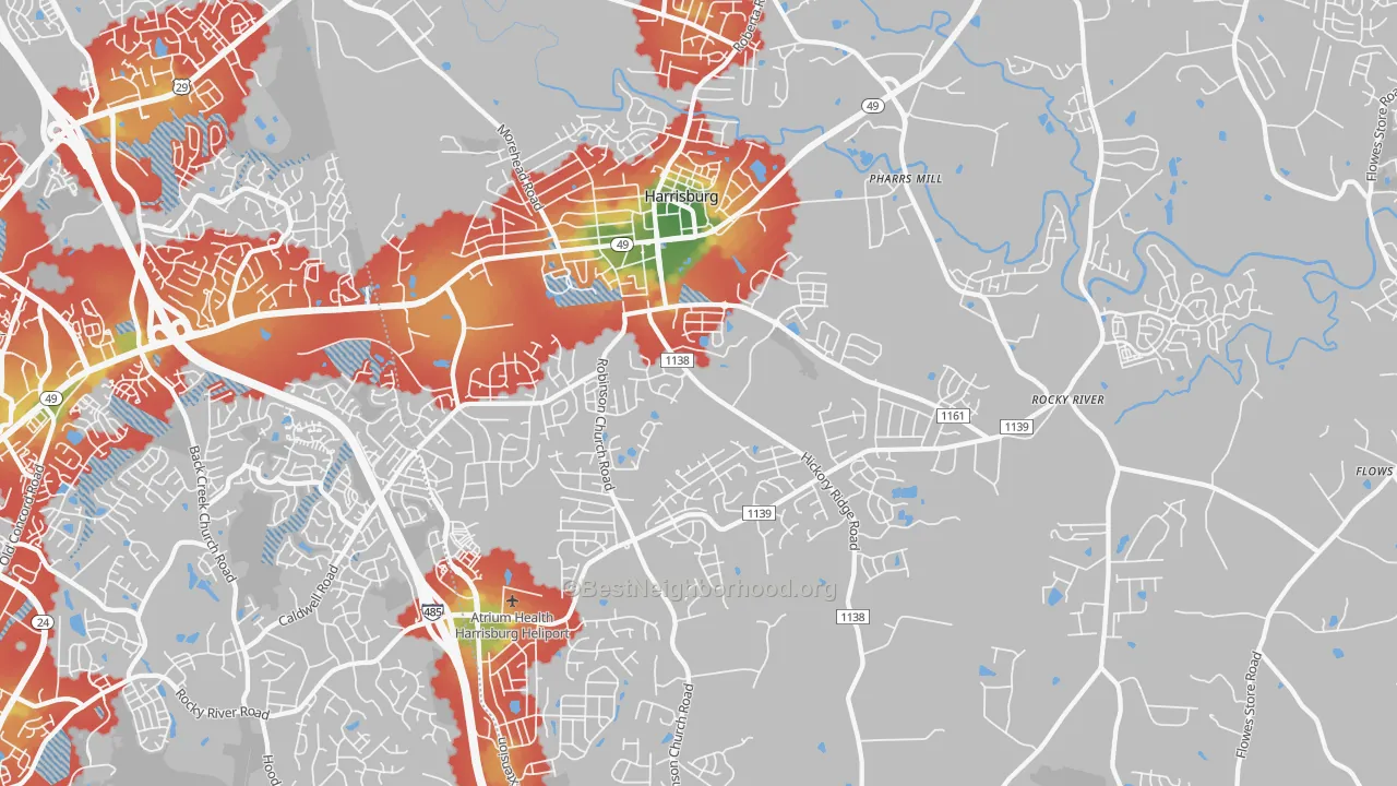 Walk Grade map of Harrisburg, NC, walkable areas in green and car-dependent areas in red
