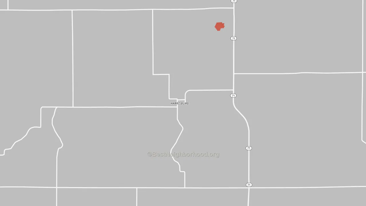 Walk Grade map of Harrisburg, NE, walkable areas in green and car-dependent areas in red